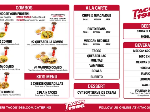 Tacos 1986 all-day menu board with combos, à la carte items, dessert, beer, and beverages